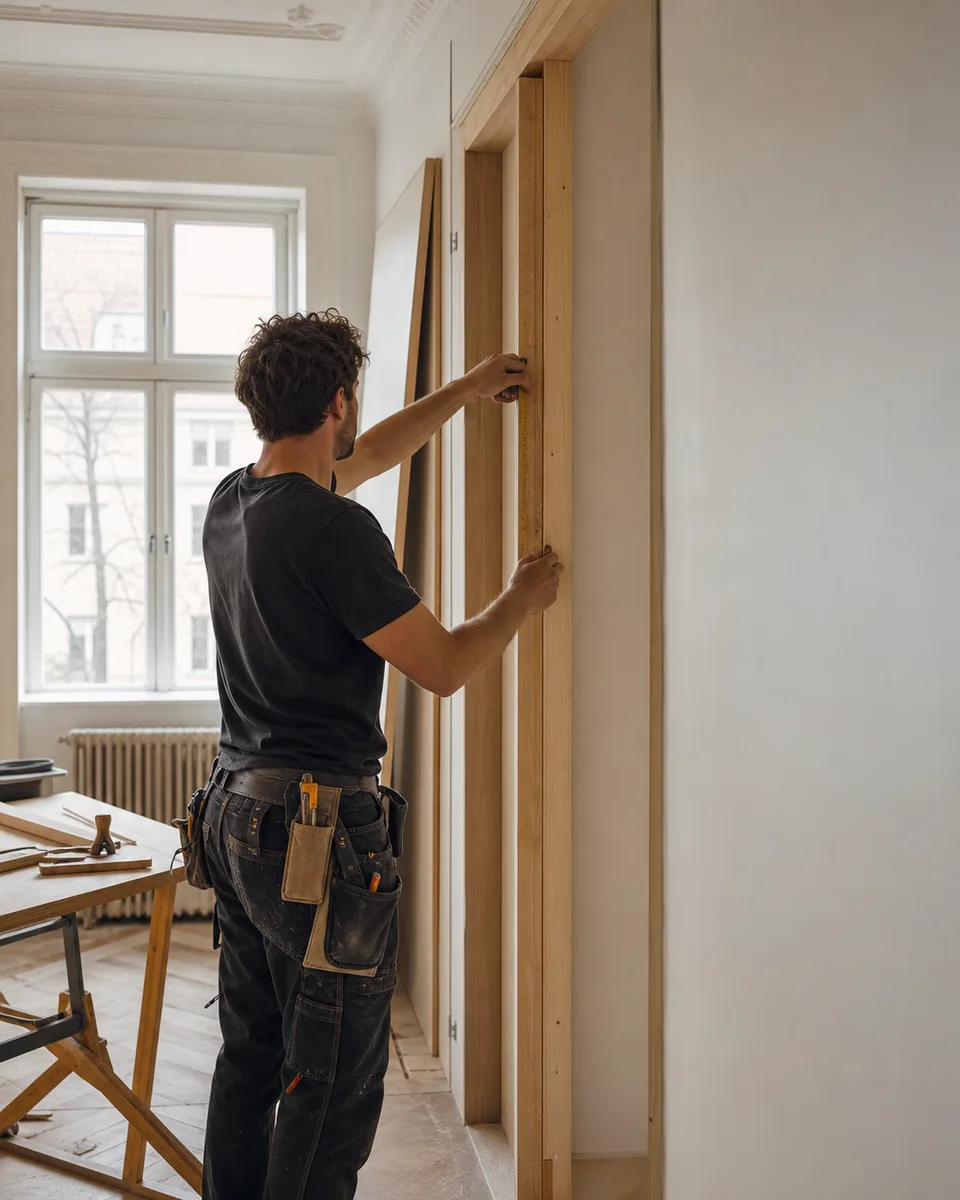 A craftsperson measures a timber structure in a home being renovated.
