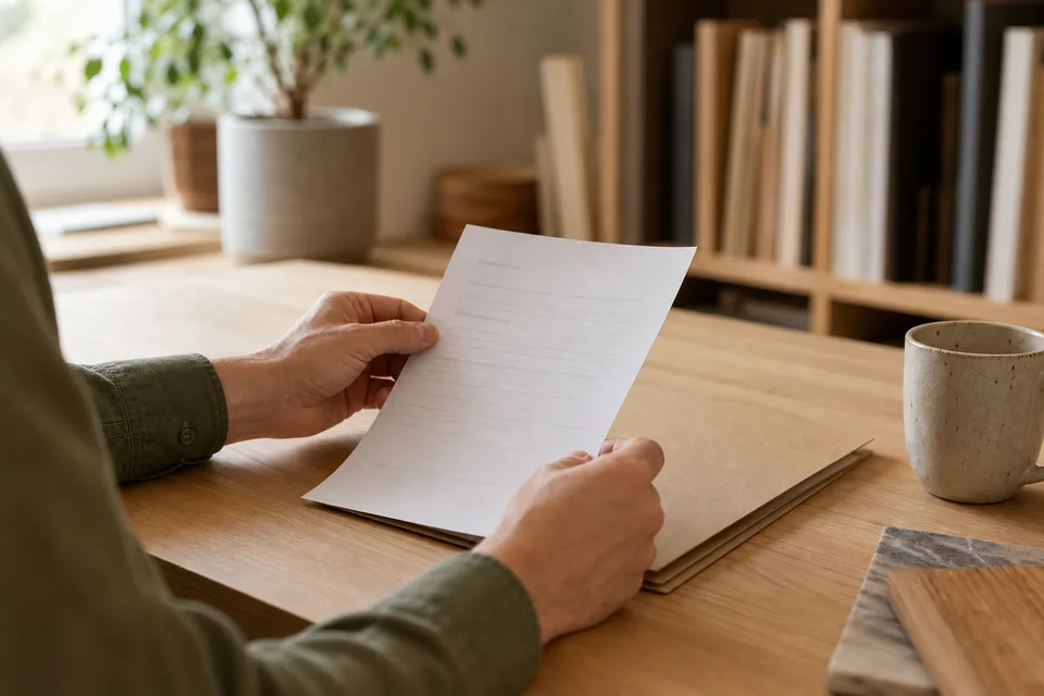 A person reads a generic form at a tidy desk