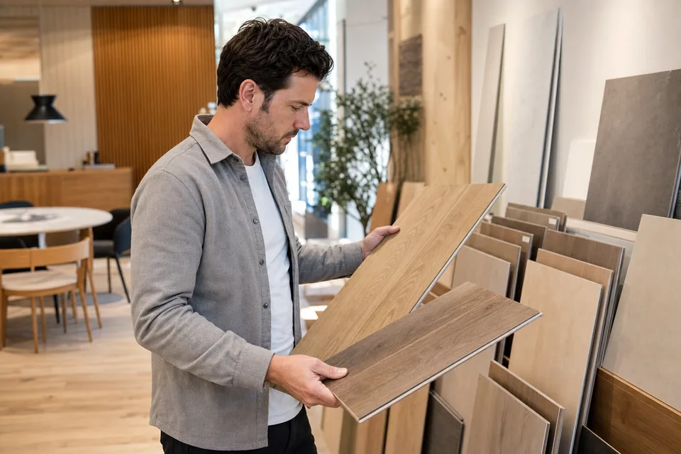 A person comparing two different flooring samples in a showroom